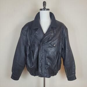 VTG Winlit Leather Jacket Large Black Motorcycle Biker Asymmetrical Bomber 90s